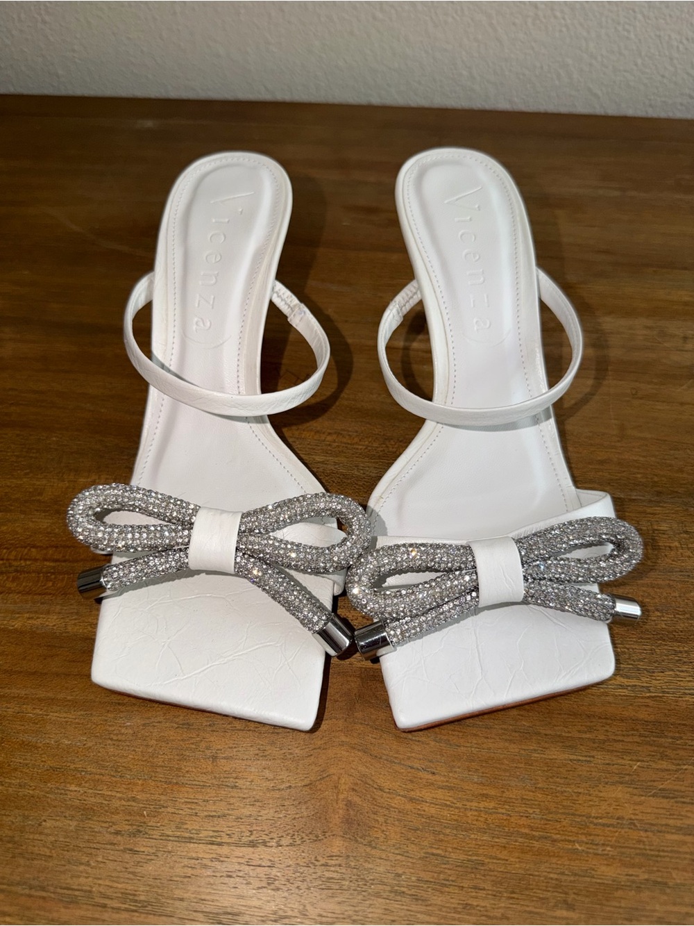 White Embellished Bow Square-Toe Heels by Vicenza